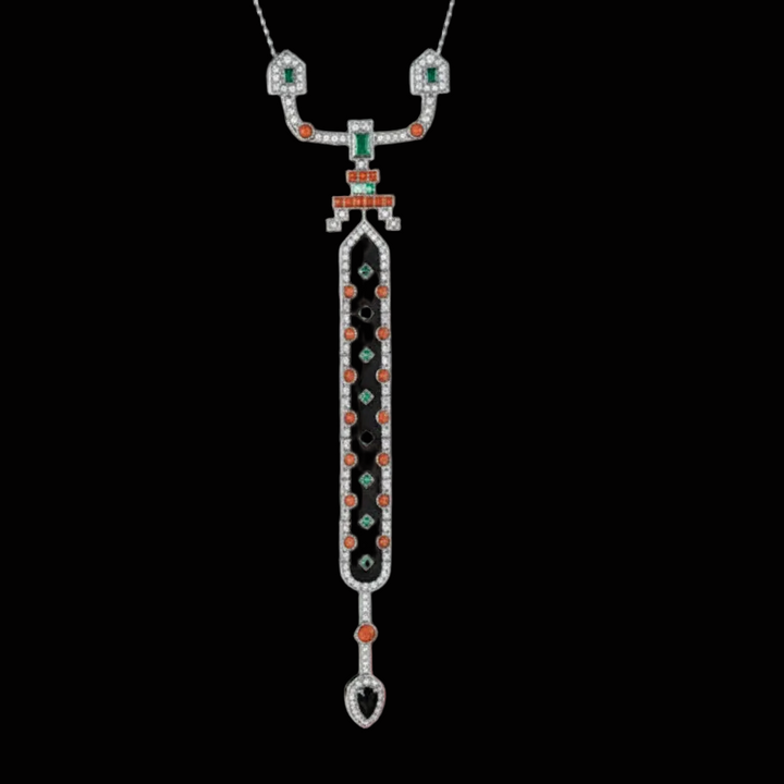 Diamond, Coral, Emerald, Pearl and Onyx 18K White Gold Necklace