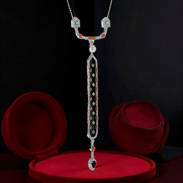 Diamond, Coral, Emerald, Pearl and Onyx 18K White Gold Necklace