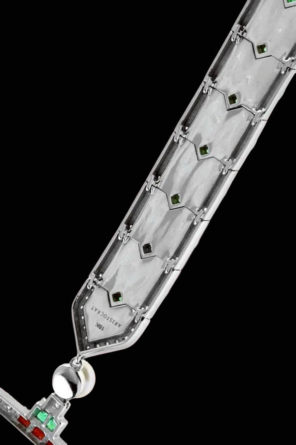 Diamond, Coral, Emerald, Pearl and Onyx 18K White Gold Necklace