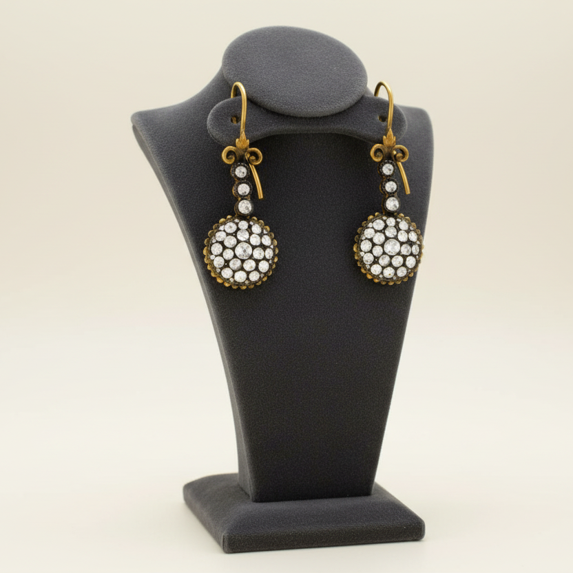 French Rose Cut Diamond and 22kt Yellow Gold/Rhodium Dangle Earrings