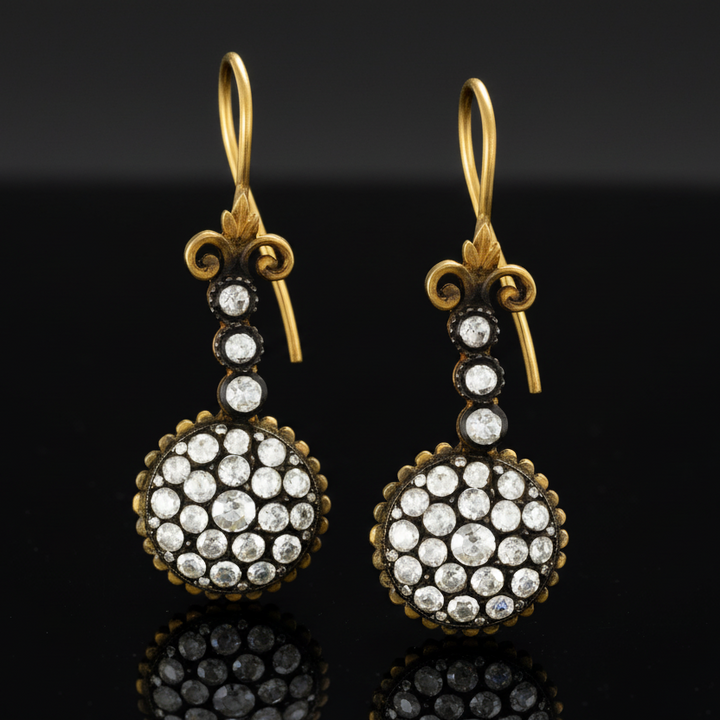 French Rose Cut Diamond and 22kt Yellow Gold/Rhodium Dangle Earrings