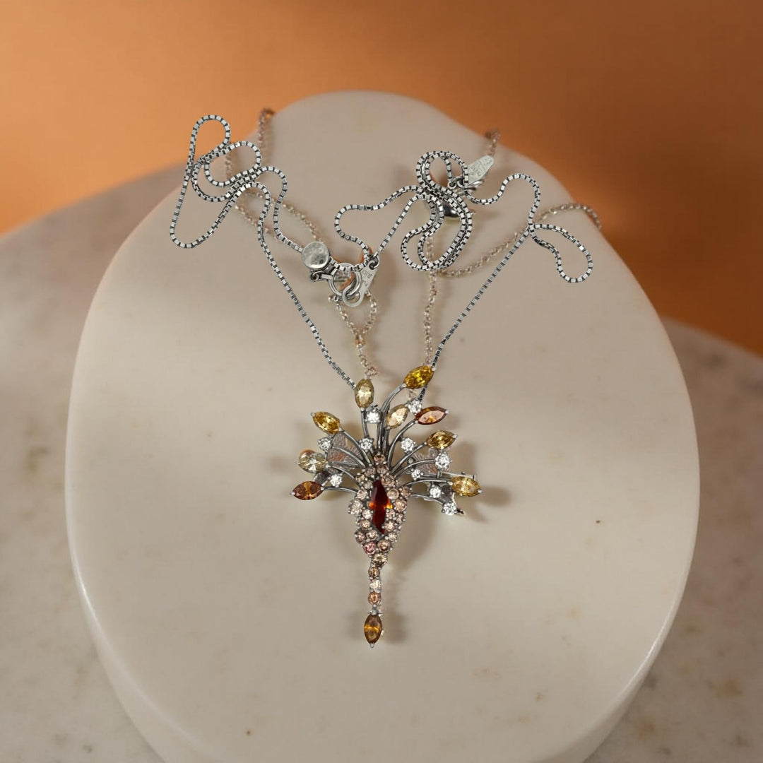 Natural Multi Color Diamond Platinum Necklace and Brooch