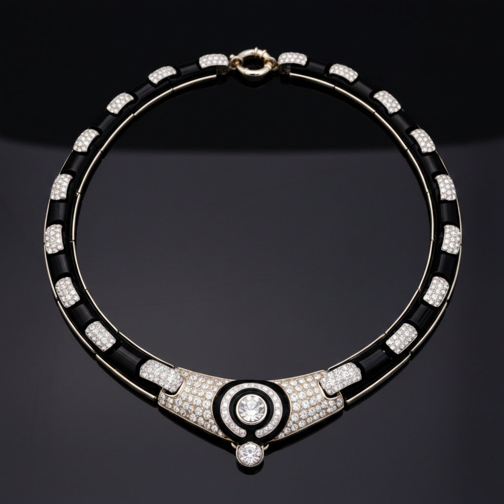 Estate Italian Diamond and Onyx Classy 18K White & Yellow Necklace