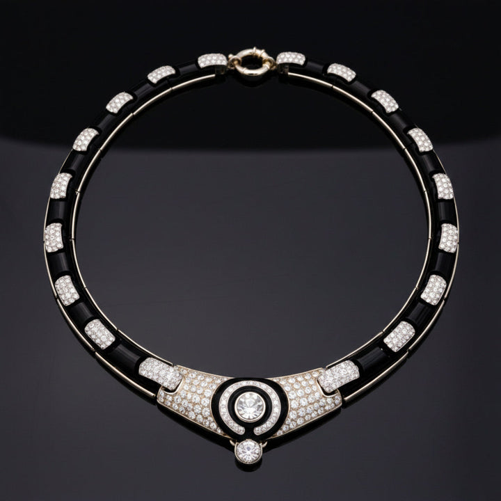 Estate Italian Diamond and Onyx Classy 18K White & Yellow Necklace