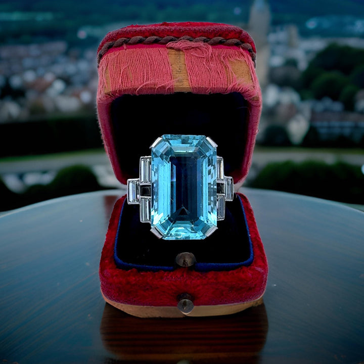Circa 1940's 26.00 ct Aquamarine and Diamond Platinum Ring