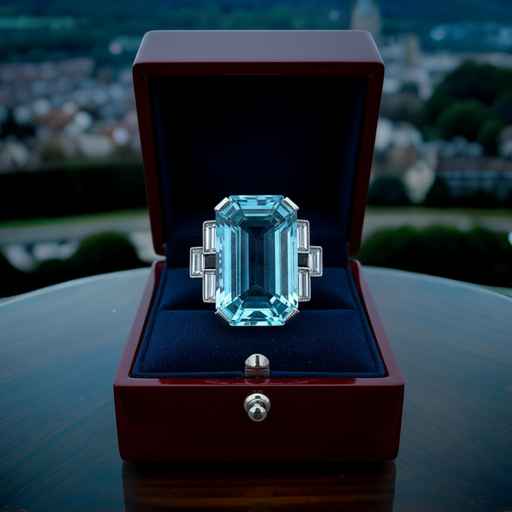 Circa 1940's 26.00 ct Aquamarine and Diamond Platinum Ring