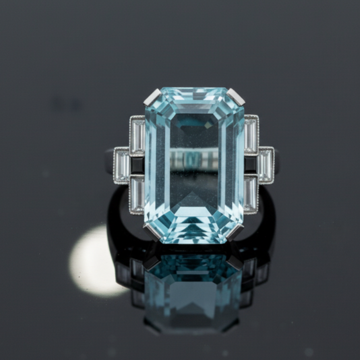 Circa 1940's 26.00 ct Aquamarine and Diamond Platinum Ring