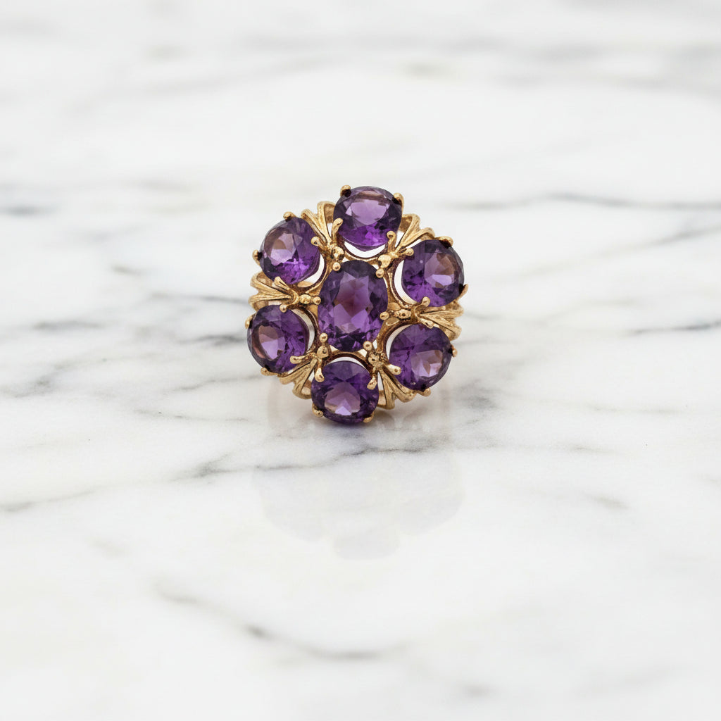 Vintage 10K Yellow Gold Amethyst Cluster Ring