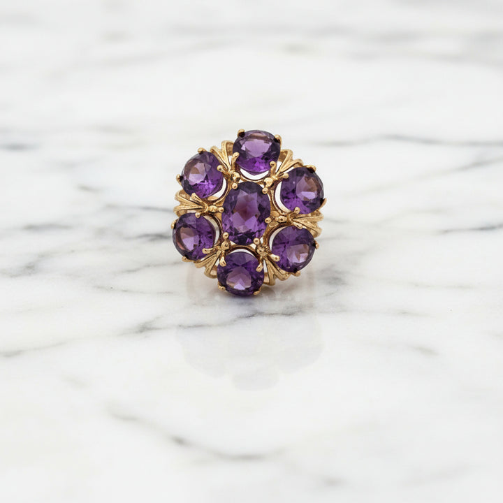 Vintage 10K Yellow Gold Amethyst Cluster Ring