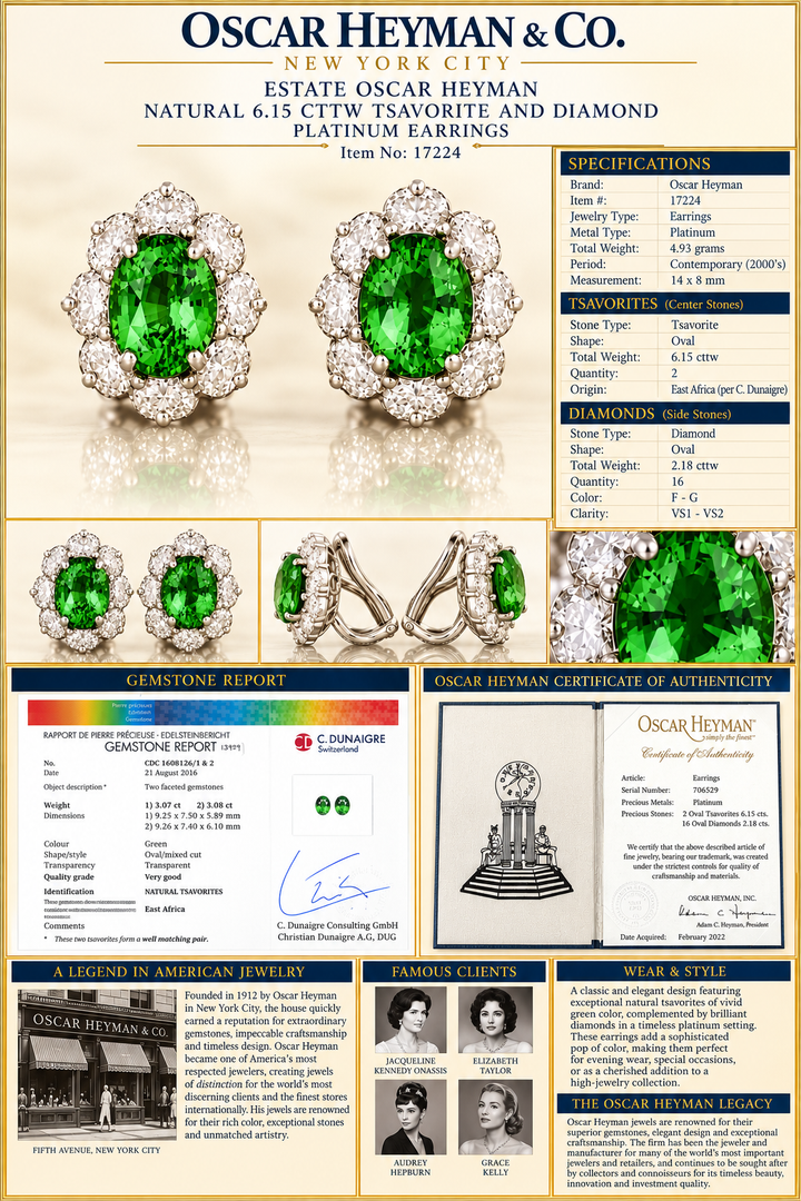 Estate Oscar Heyman Natural 6.15cttw Tsavorite and Diamond Platinum Earring (CDC Report)