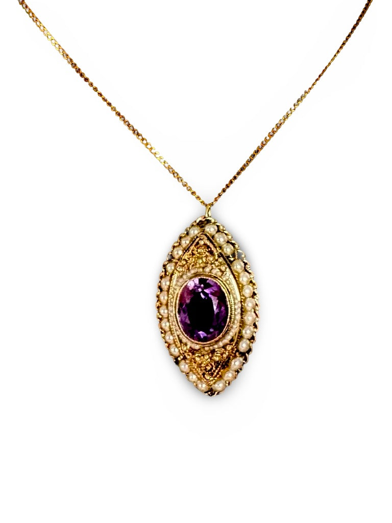 1890's Victorian Amethyst and Seed Pearl Necklace and Brooch