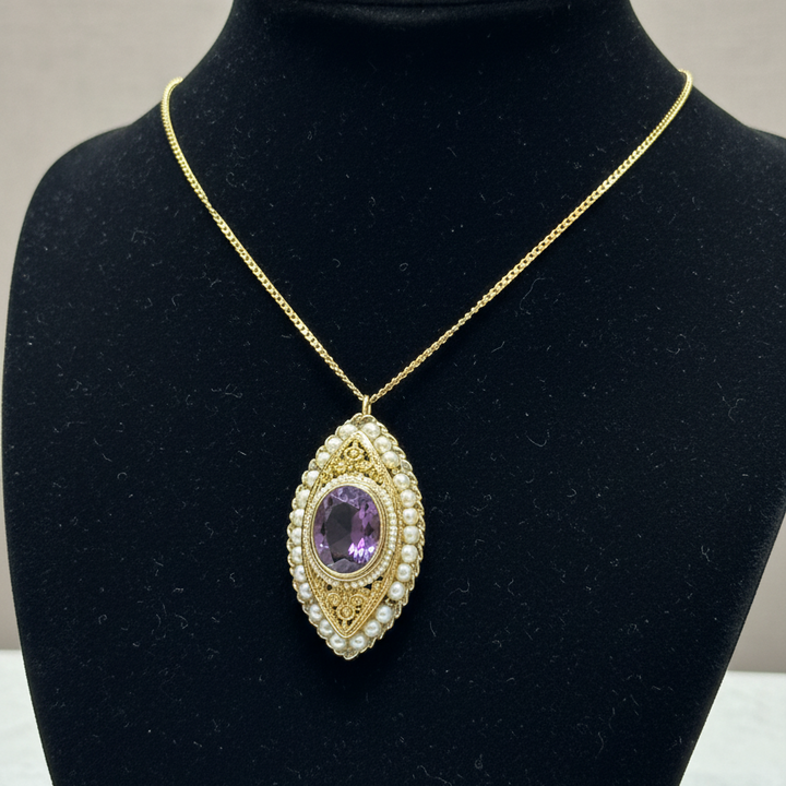 1890's Victorian Amethyst and Seed Pearl Necklace and Brooch