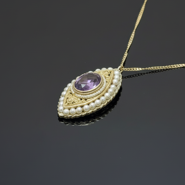 1890's Victorian Amethyst and Seed Pearl Necklace and Brooch