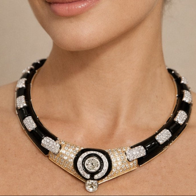 Estate Italian Diamond and Onyx Classy 18K White & Yellow Necklace