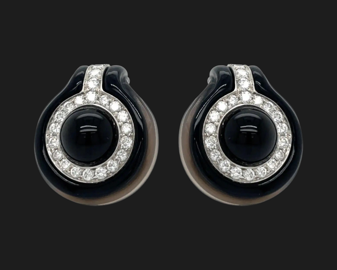 Onyx, Diamond and 18K Yellow Gold Earrings