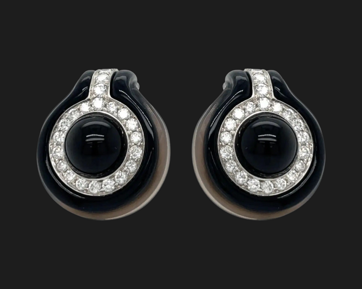 Onyx, Diamond and 18K Yellow Gold Earrings