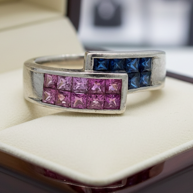 Pink and Blue Sapphire Platinum Bypass Ring