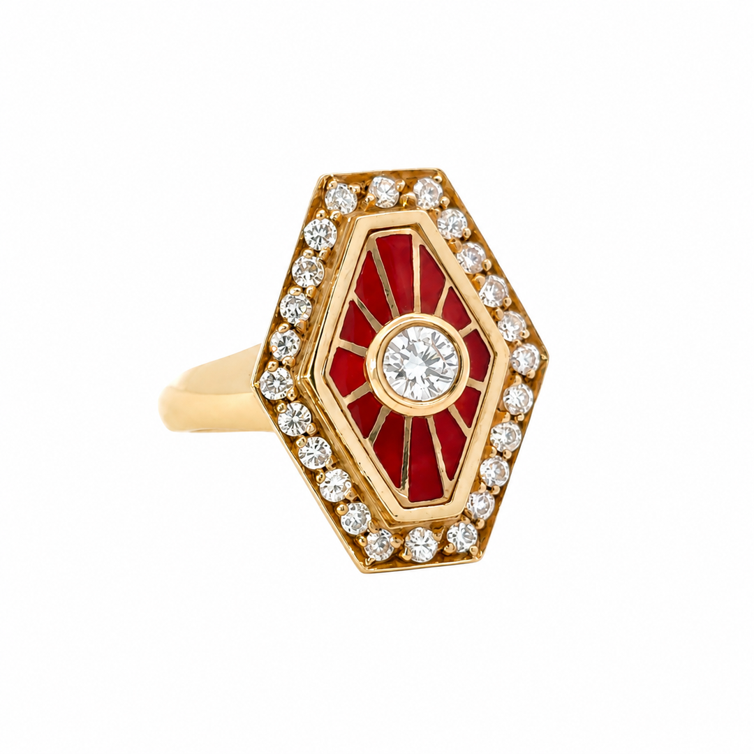 18K Yellow Gold Diamond & Red Enamel Cocktail Ring