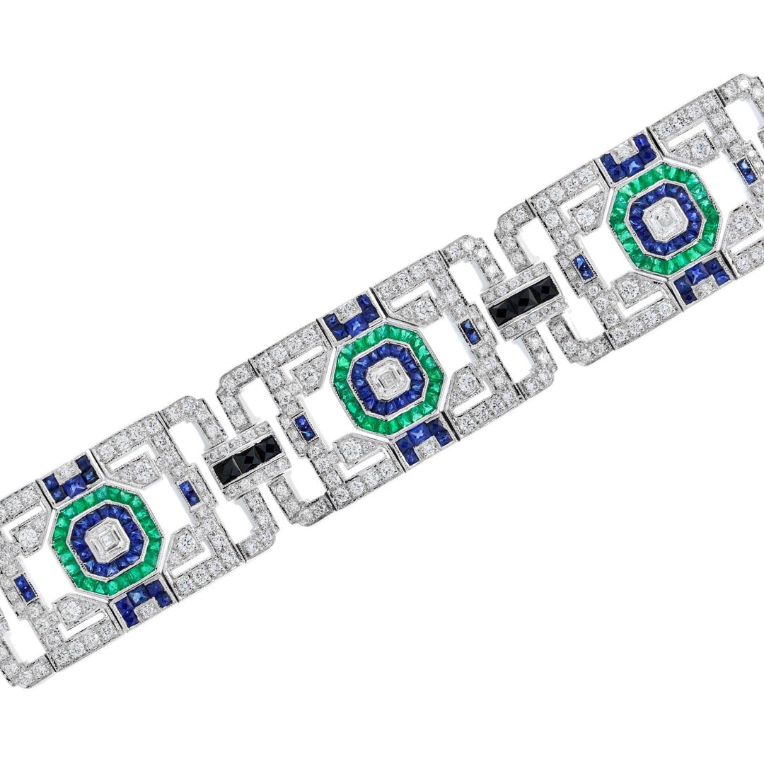 Art Deco Style Diamond, Onyx, Sapphire and Emerald New Bracelet