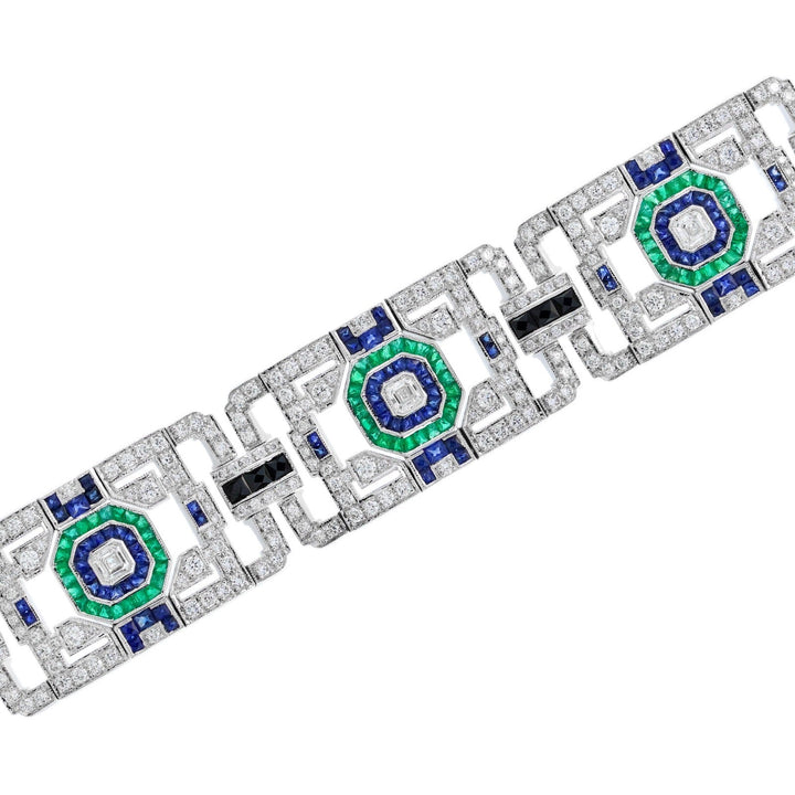 Art Deco Style Diamond, Onyx, Sapphire and Emerald New Bracelet