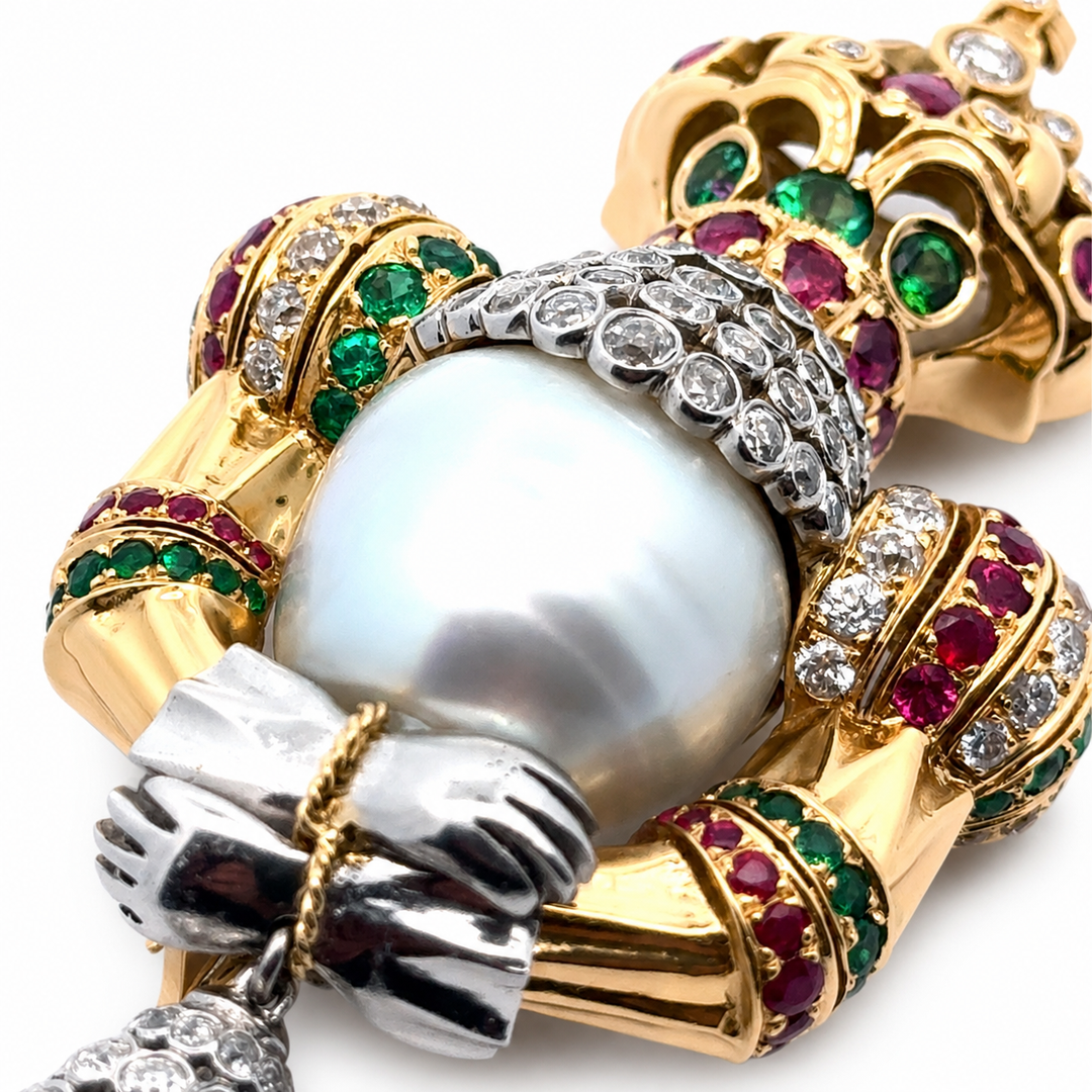 Estate Royal Coronation Diamond, Emerald, Burma Ruby, South Sea Pearl Pendant/Brooch 18Kt Yellow/White Gold