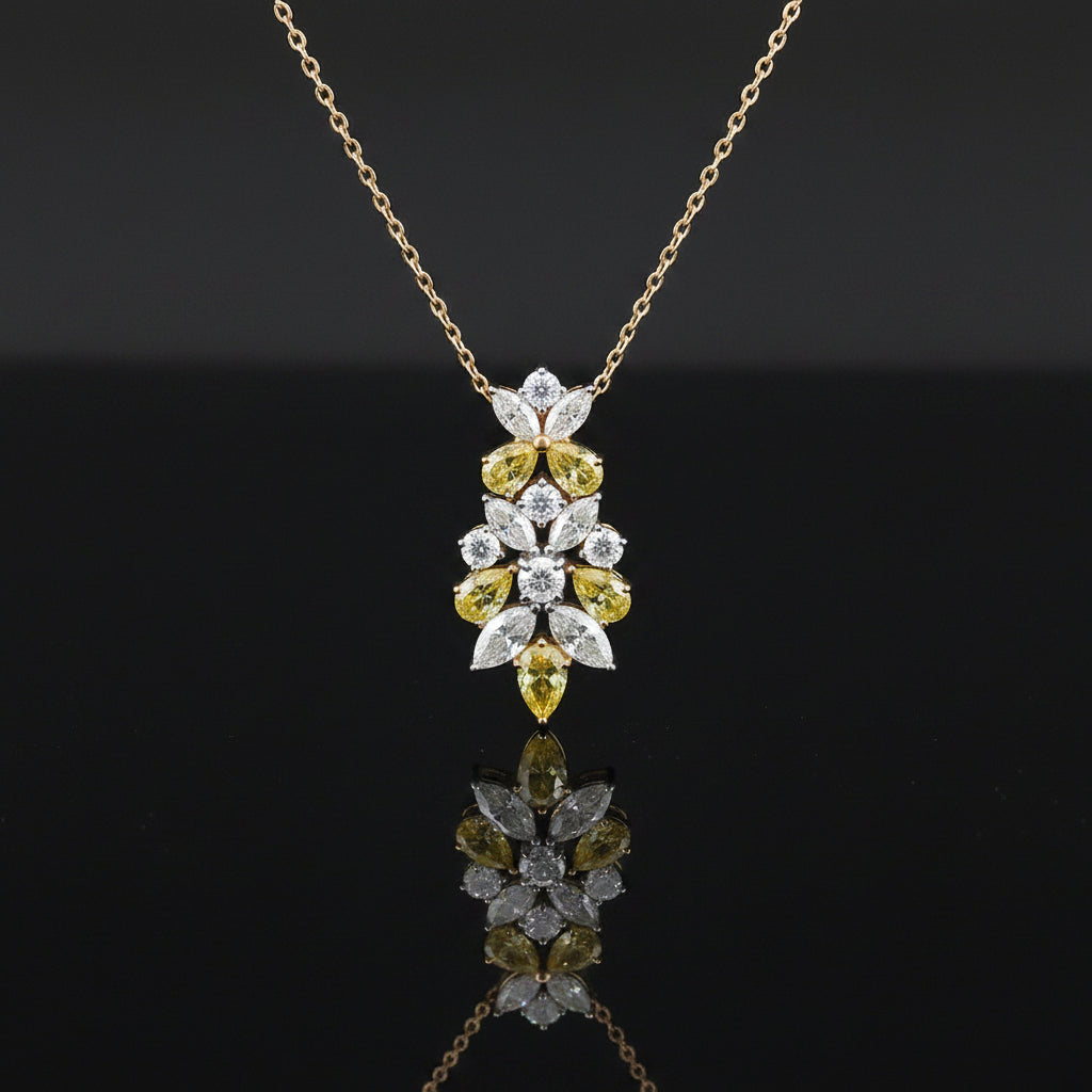 2.25 Carat Yellow and White Lab Grown Diamond and 14K Yellow Gold Floral Necklace