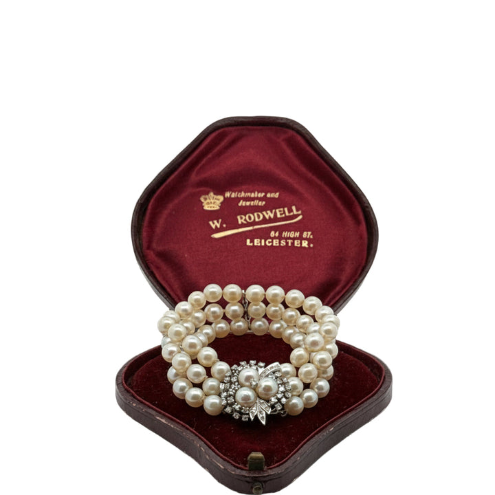 Multi Row Cultured Pearl and Diamond 14k White Gold Bracelet