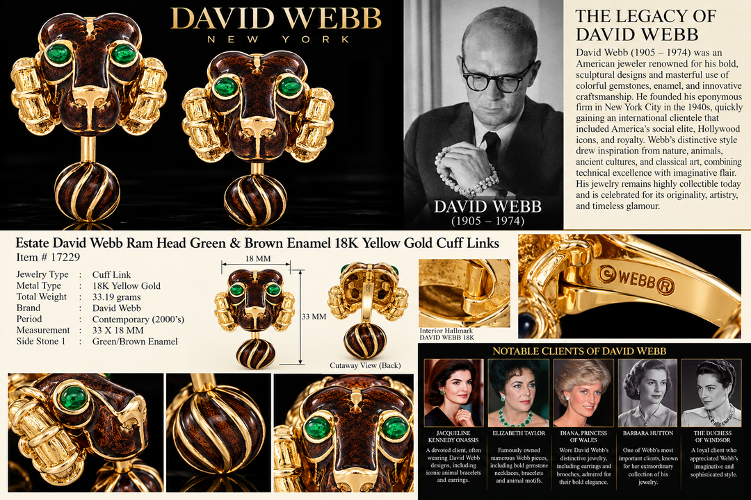 Estate David Webb Ram Head Green & Brown Enamel 18K Yellow Gold Cuff Links