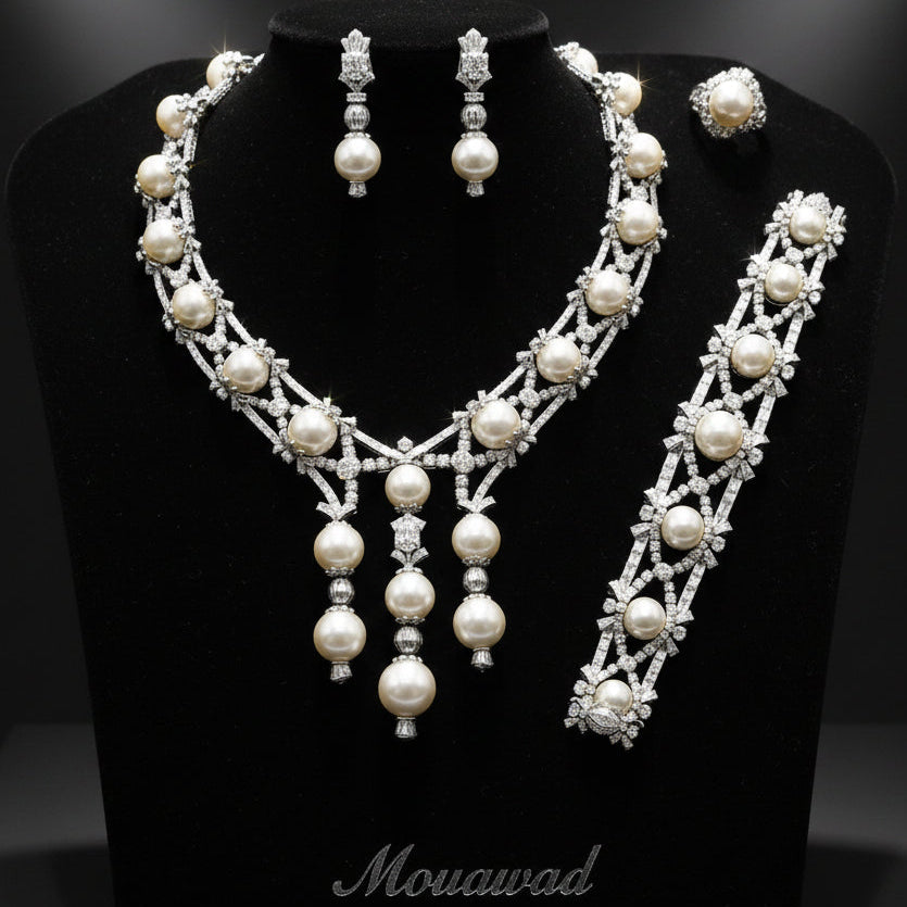 Estate High End Designer Mouawad 125.00cttw Diamond and South Sea Pearl Suite 18Kt White Gold