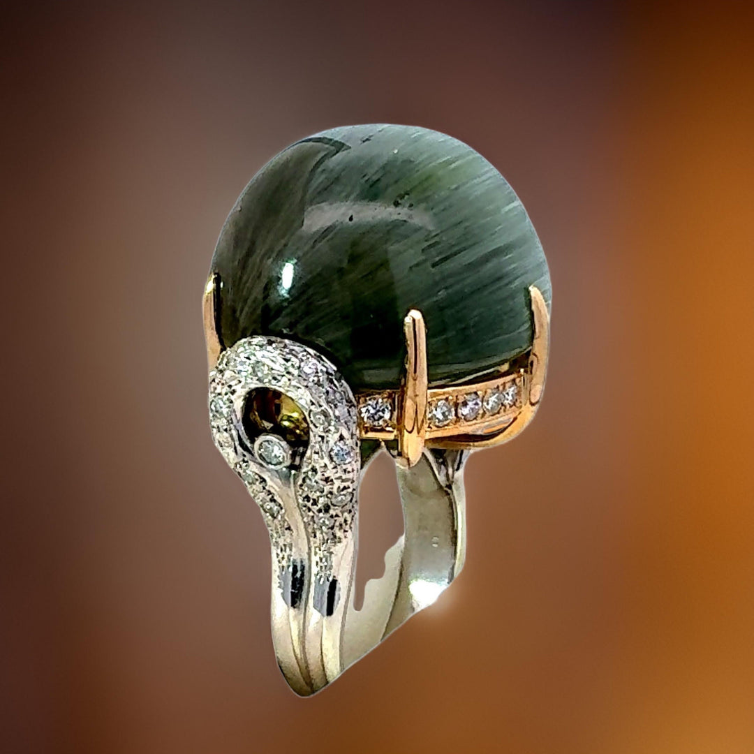 Custom Made Designer 61 Carat Cats Eye Tourmaline, Diamond, Platinum and 18K Yellow Gold Ring