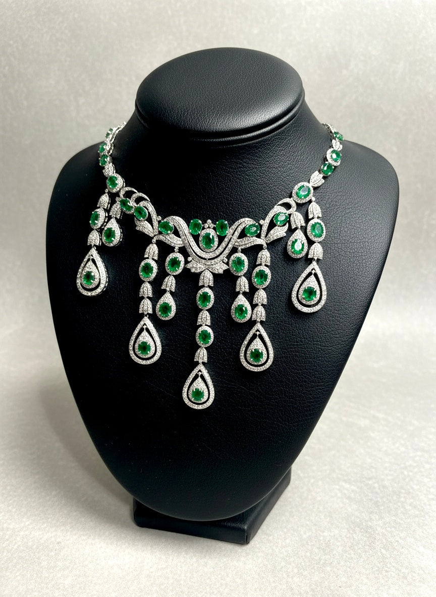Estate Emerald and Diamond 18K White Gold Necklace and Earring Set