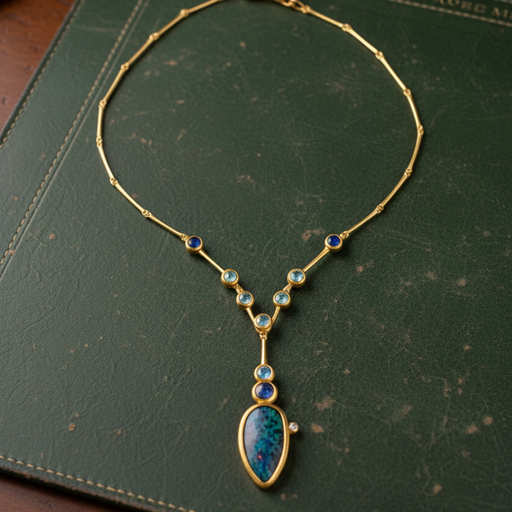 Estate Designer Lee Philips Black Opal, Aquamarine, Iolite 14K Yellow Gold Necklace