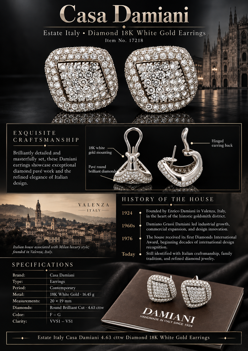 Estate Italy Casa Damiani 4.63cttw. Diamond 18KT White Gold Earrings