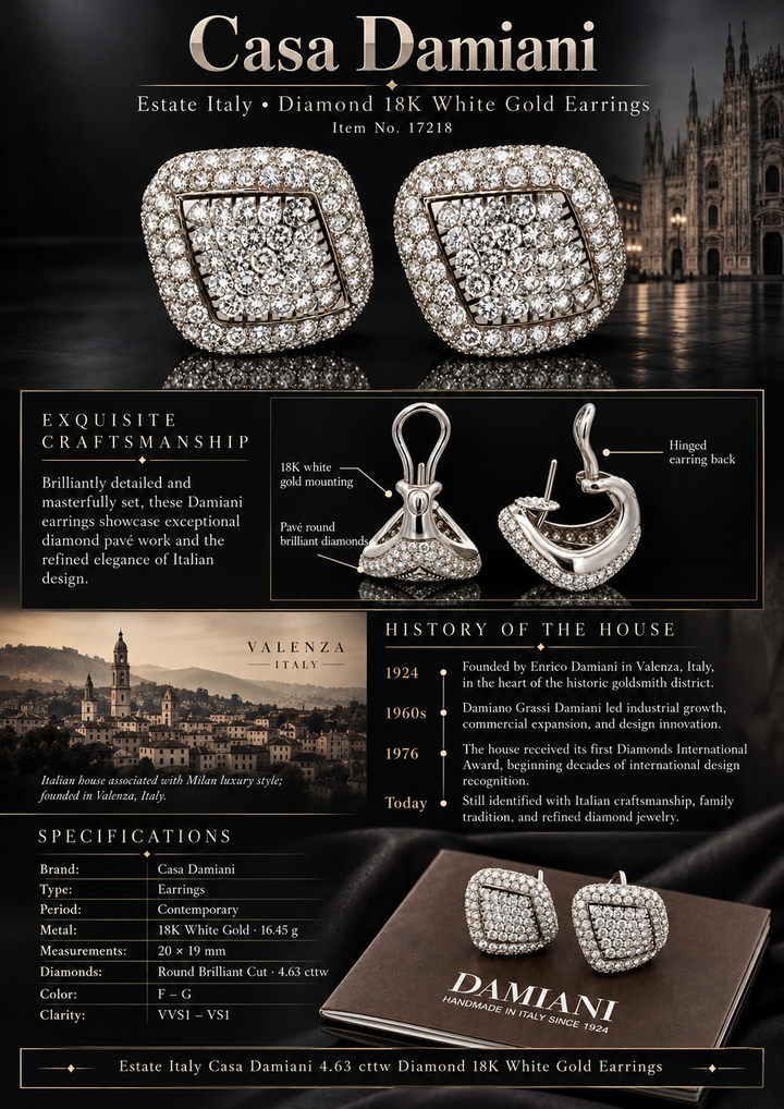 Estate Italy Casa Damiani 4.63cttw. Diamond 18KT White Gold Earrings