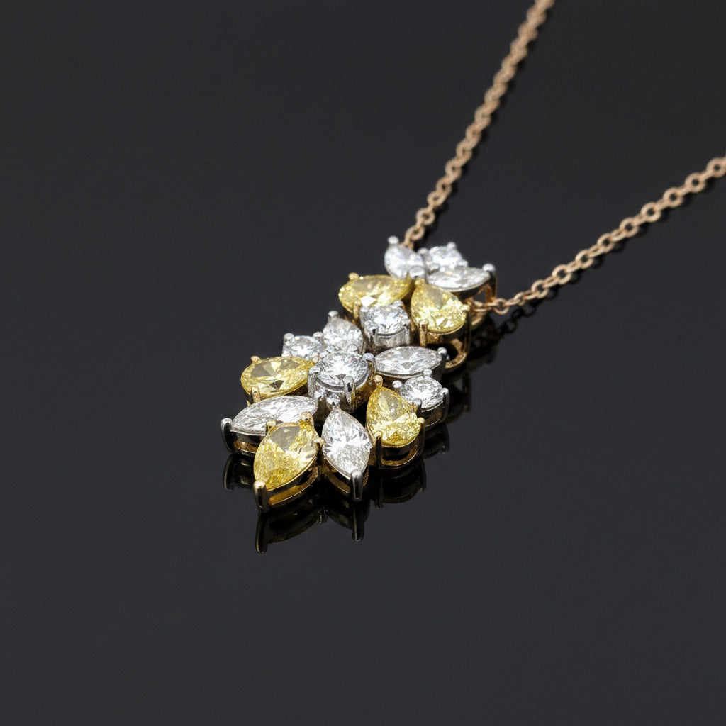 2.25 Carat Yellow and White Lab Grown Diamond and 14K Yellow Gold Floral Necklace