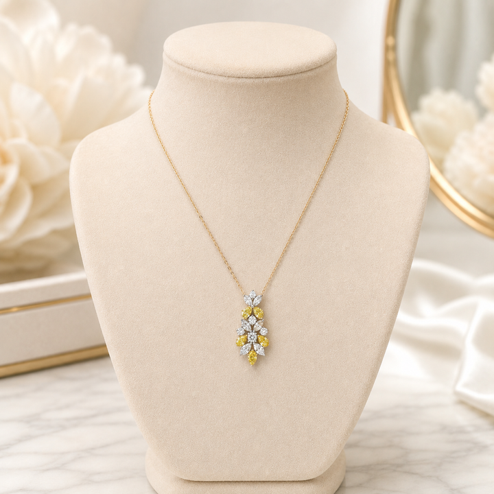 2.25 Carat Yellow and White Lab Grown Diamond and 14K Yellow Gold Floral Necklace