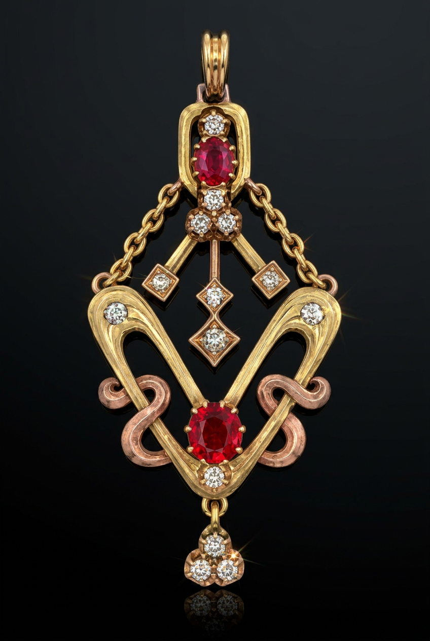 Estate Rose Cut Diamond & Pink Sapphire 14KT Yellow Gold Pendant