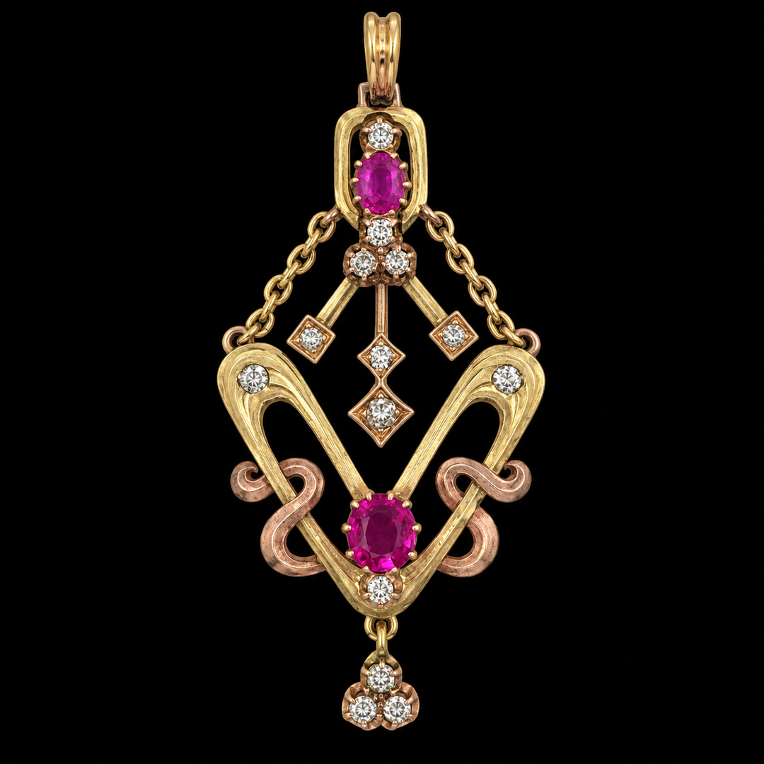 Estate Rose Cut Diamond & Pink Sapphire 14KT Yellow Gold Pendant