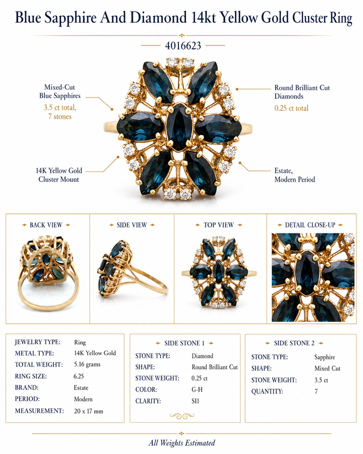 Modern Blue Sapphire And Diamond 14kt Yellow Gold Cluster Ring
