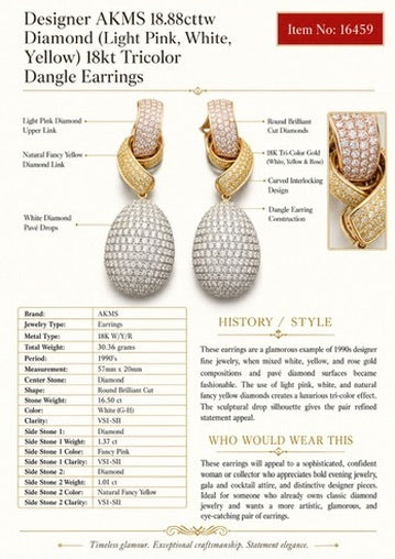 Designer AKMS 18.88cttw Diamond (Light Pink, white, Yellow) 18kt Tricolor Dangle Earring