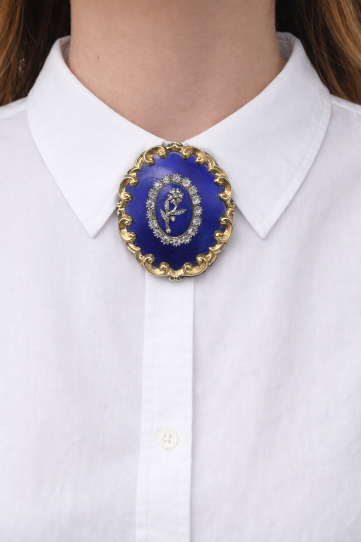 Antique Victorian Cobalt Guilloché Enamel & Diamond Statement Brooch