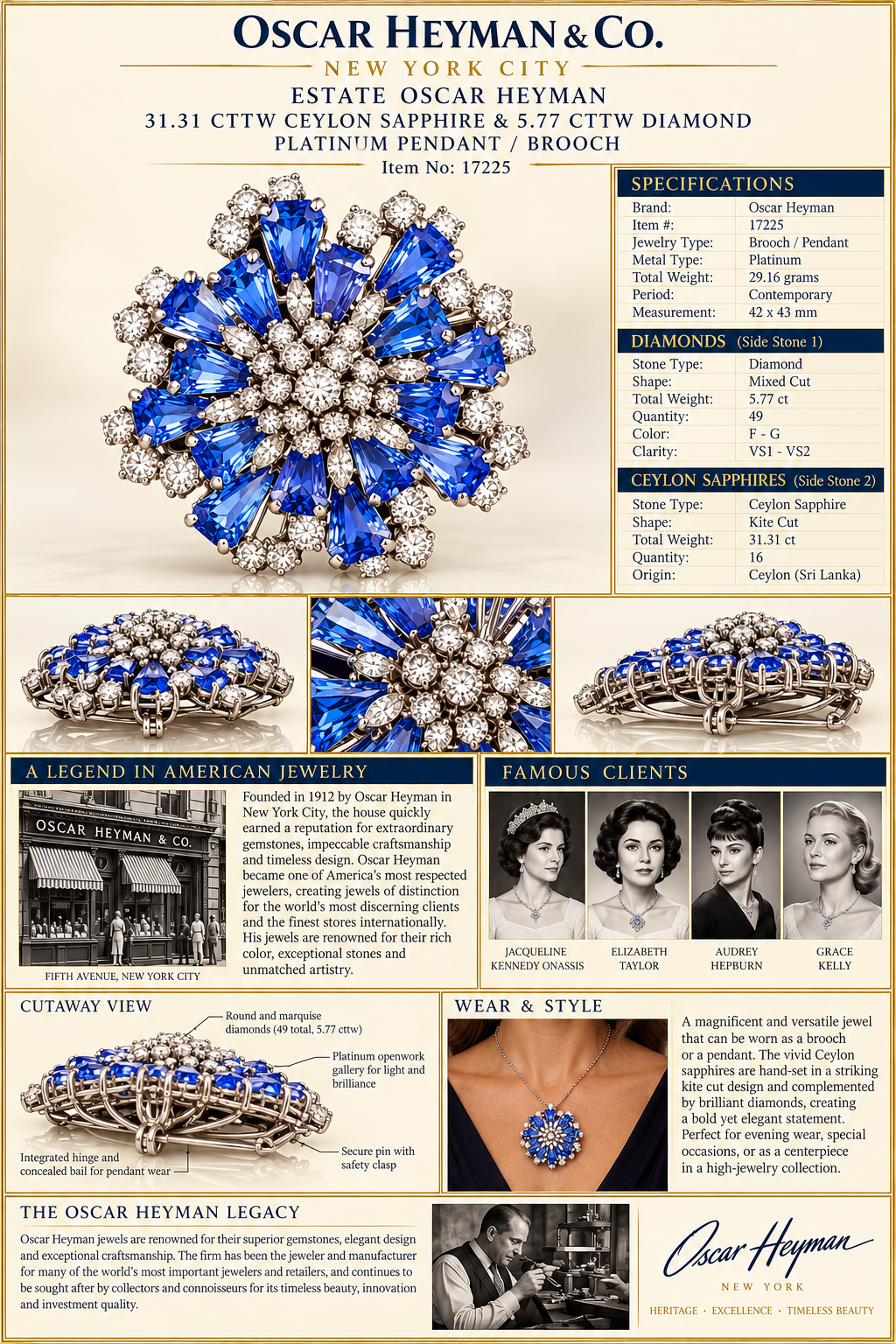 Estate Oscar Heyman 31.31ctttw Ceyon Sapphire and 5.77cttw Diamond platinum Pendant / Brooch