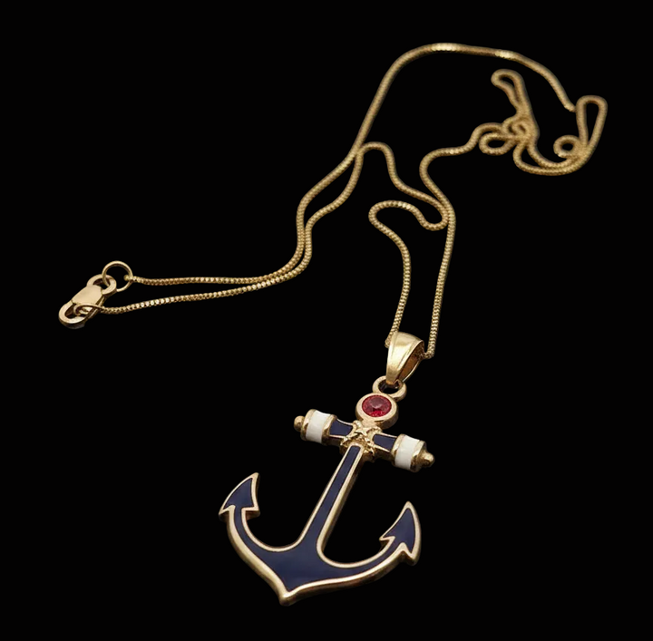 Yacht Lady Anchor Red White Blue 14K Yellow Gold Necklace