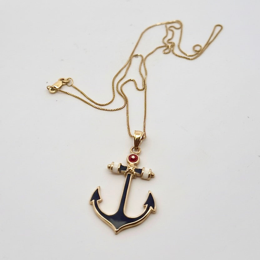 Yacht Lady Anchor Red White Blue 14K Yellow Gold Necklace