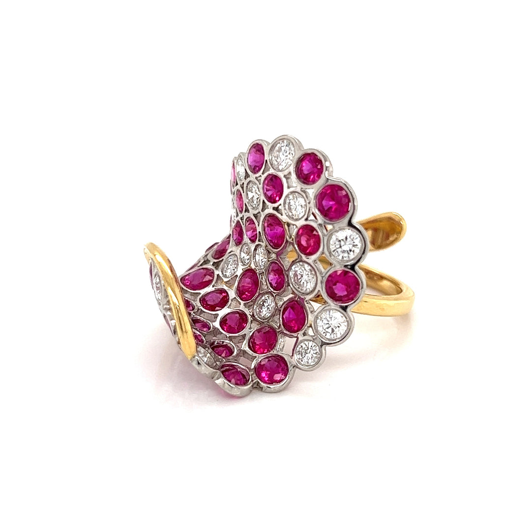 Italian Designer Ruby, Diamond and 18K White and Yellow Gold Ring