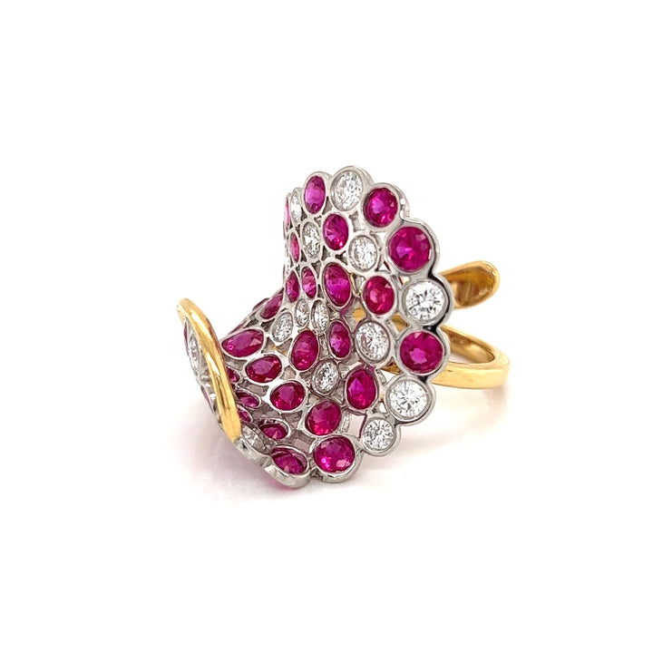 Italian Designer Ruby, Diamond and 18K White and Yellow Gold Ring