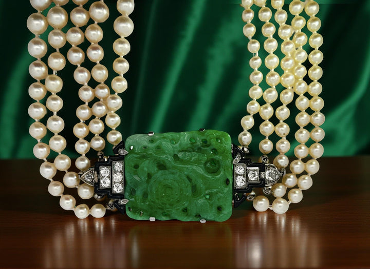 English 1925 Carved Jade, Onyx and Diamond, Multi Strand Cultured Pearl Necklace
