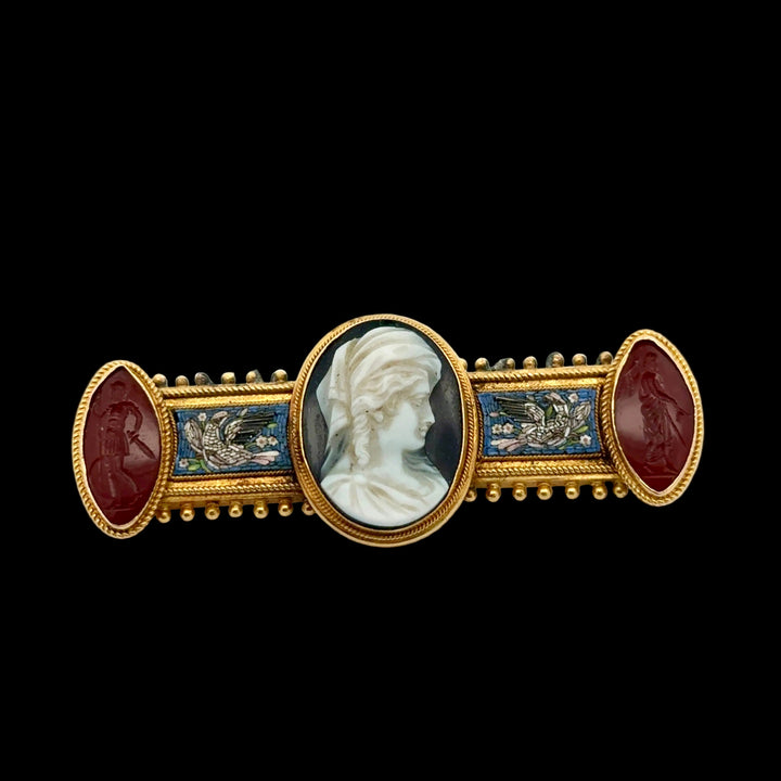Circa 1870 Italian Archaeological Revival 18K Yellow Gold Hardstone Cameo, Carnelian Intaglio and Micromosaic Brooch