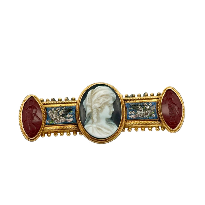 Circa 1870 Italian Archaeological Revival 18K Yellow Gold Hardstone Cameo, Carnelian Intaglio and Micromosaic Brooch