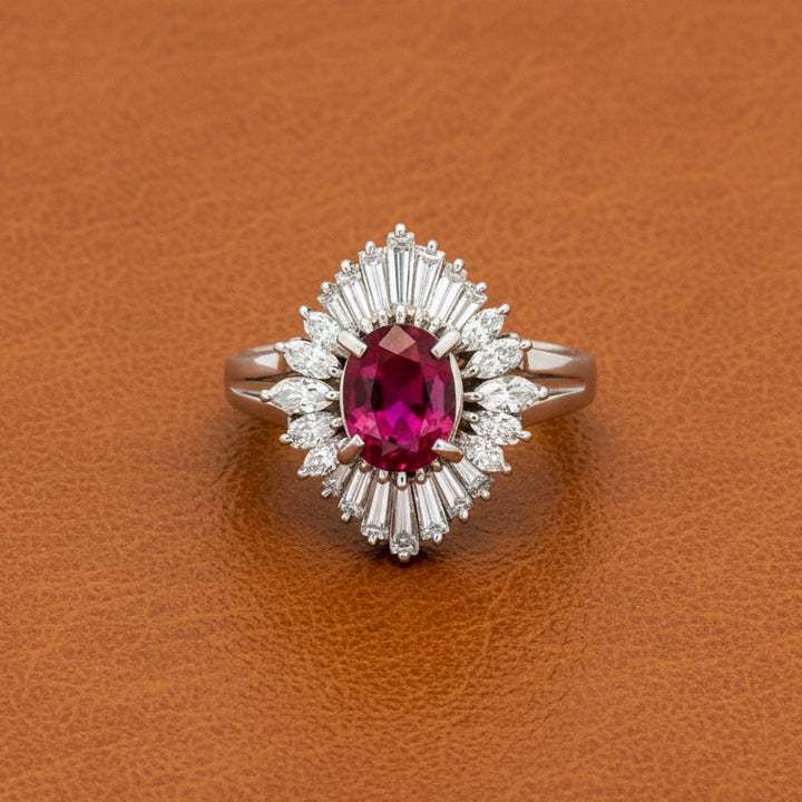 Mid Century Modern Ruby and Diamond Platinum Ring